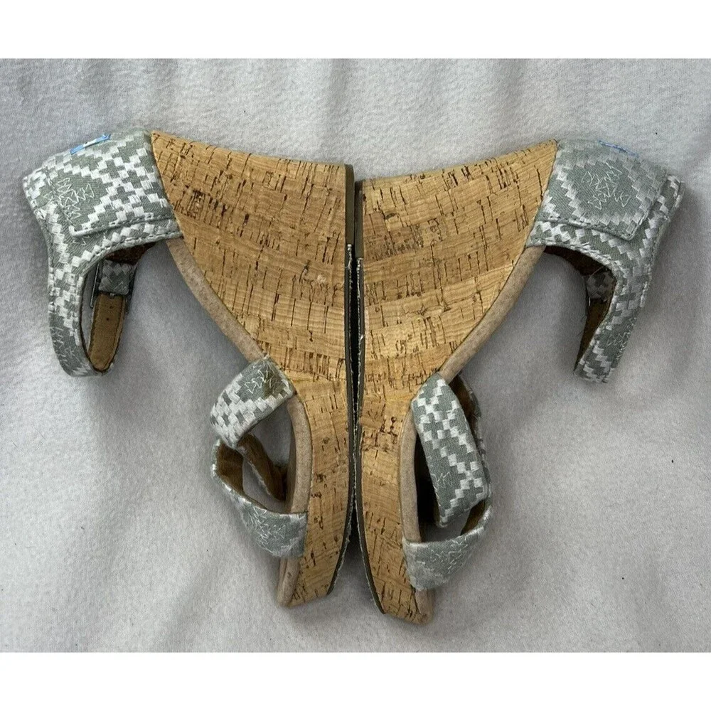 TOMS‎ Strappy Wedge Sandals Women 7.5 Sage Green Geometric Cork Heel